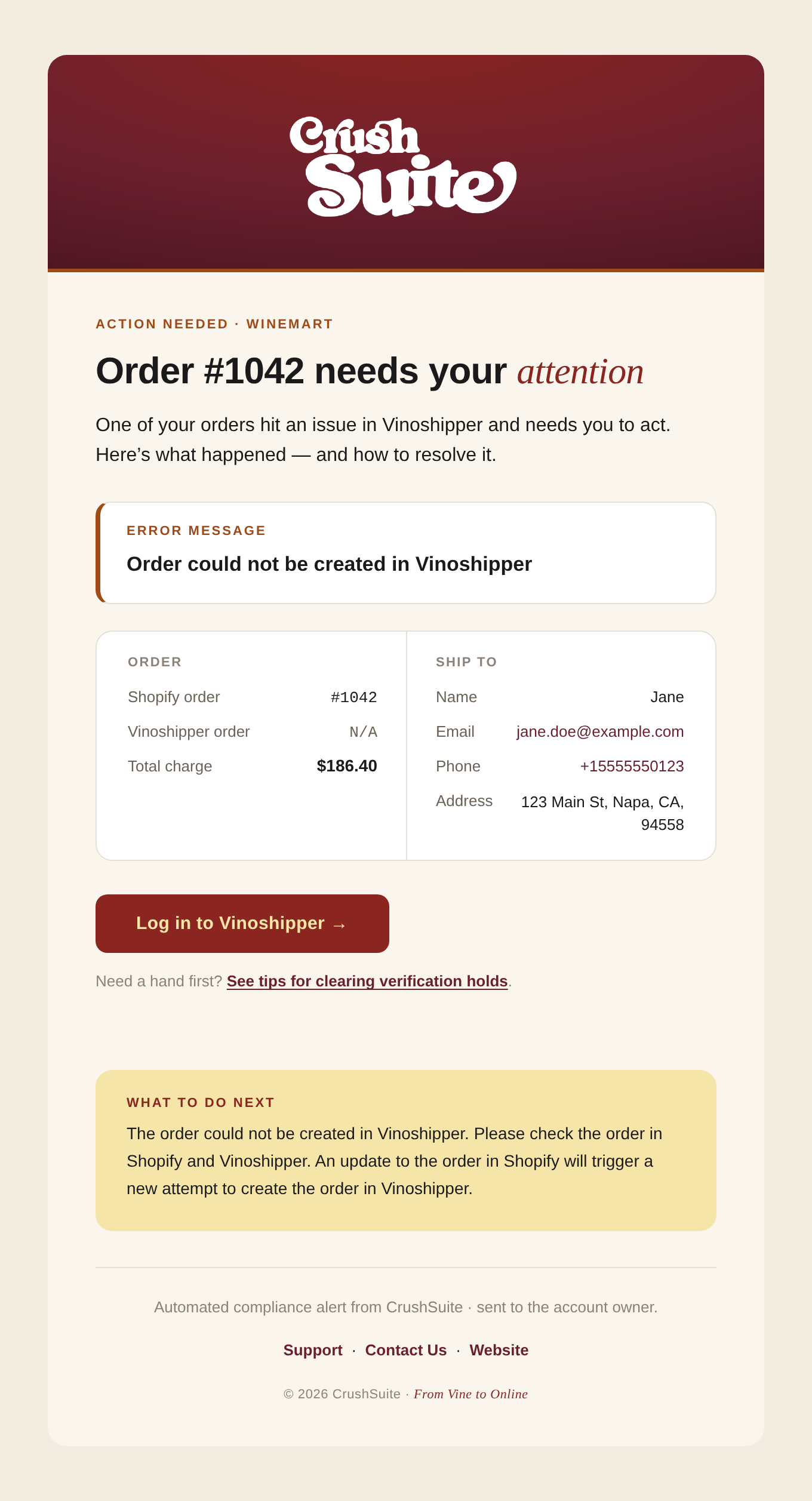 Example CrushSuite order issue email for WineMart order 1042: error message Order could not be created in Vinoshipper, order and ship-to details, a Log in to Vinoshipper button and what to do next